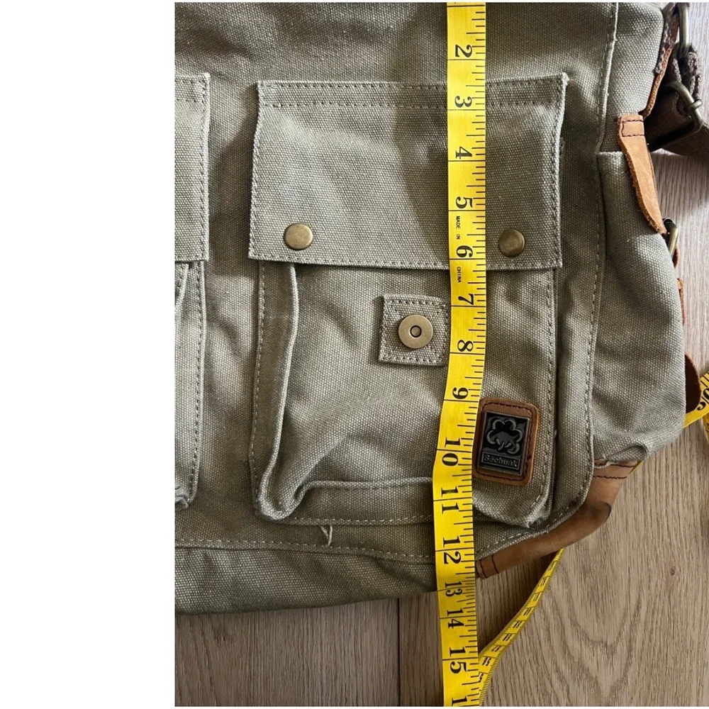 Sechunk Vintage Military Leather Canvas Laptop Bag Messenger BagKhaki Green